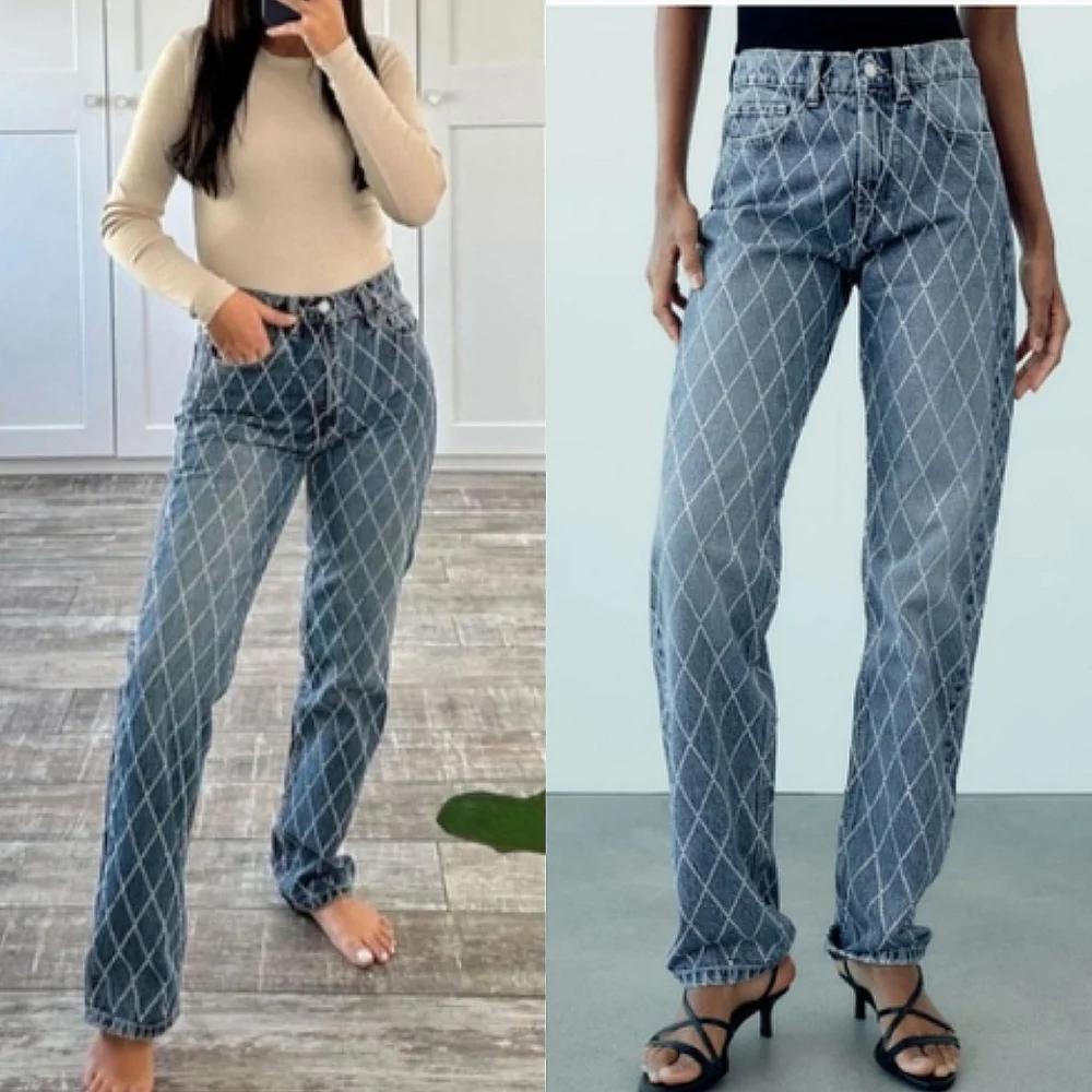 Zara RHINESTONE JEWEL STRAIGHT JEANS BLUE Size 2/26